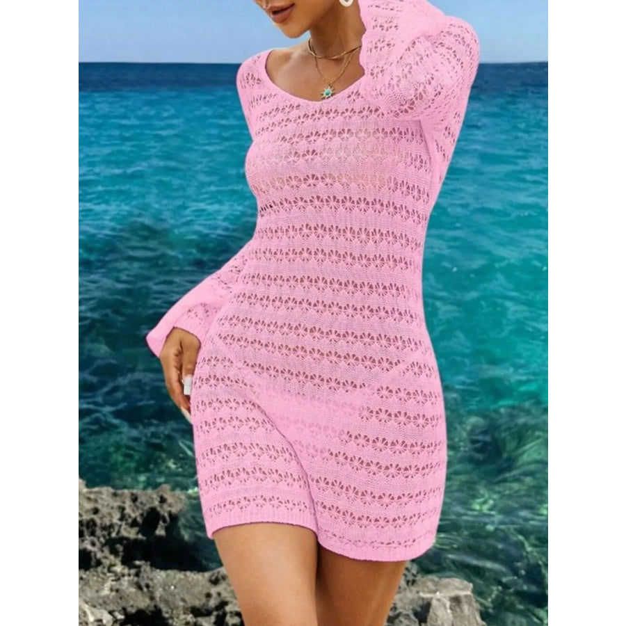 Sheer Crochet Knit Mini Cover Up Dress Pink / S Apparel and Accessories