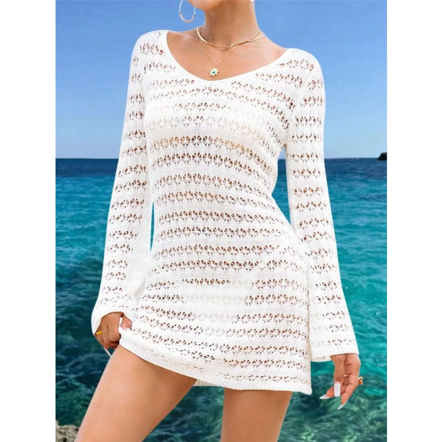 Sheer Crochet Knit Mini Cover Up Dress White / S Apparel and Accessories