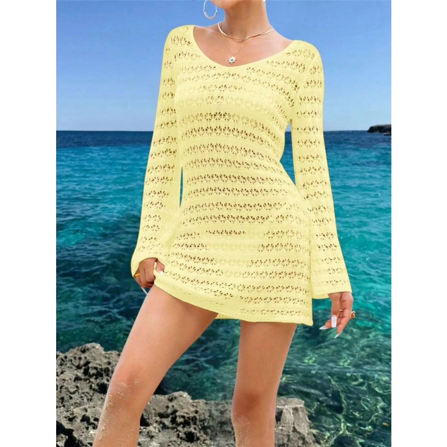 Sheer Crochet Knit Mini Cover Up Dress Yellow / S Apparel and Accessories