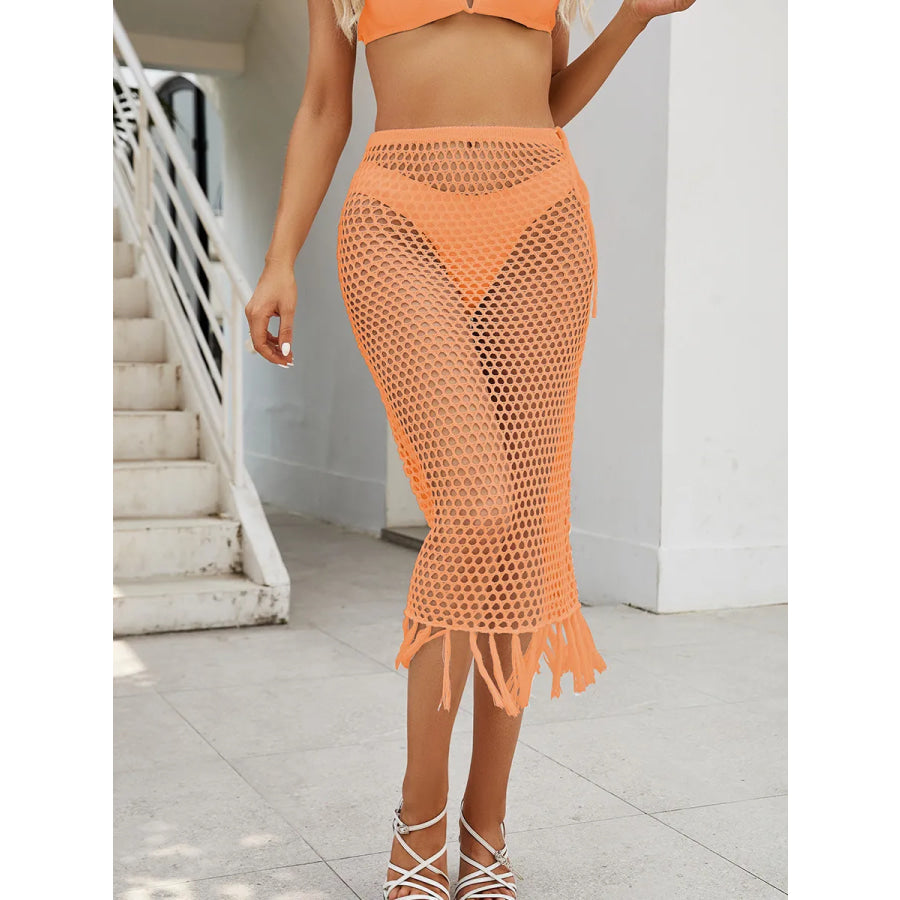 Sheer Crochet Knit Swim Cover-Up Skirt with Fringe Apparel and Accessories