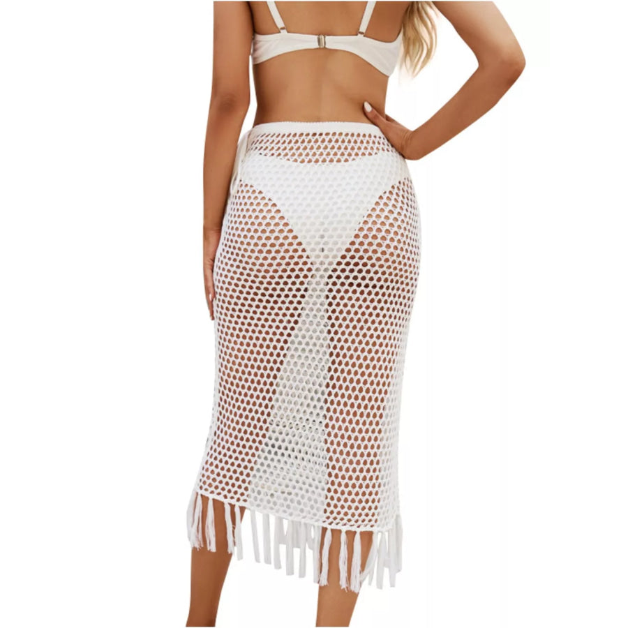 Sheer Crochet Knit Swim Cover-Up Skirt with Fringe Apparel and Accessories