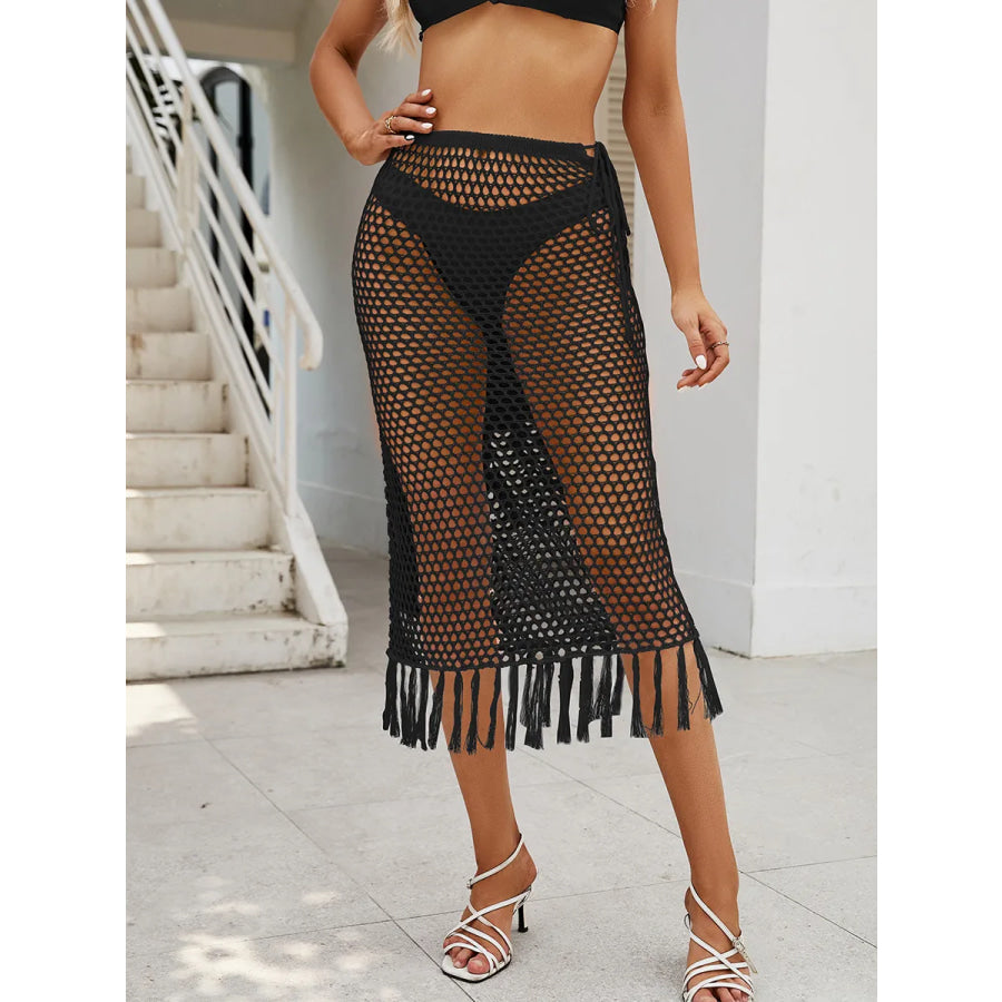 Sheer Crochet Knit Swim Cover-Up Skirt with Fringe Black / S Apparel and Accessories