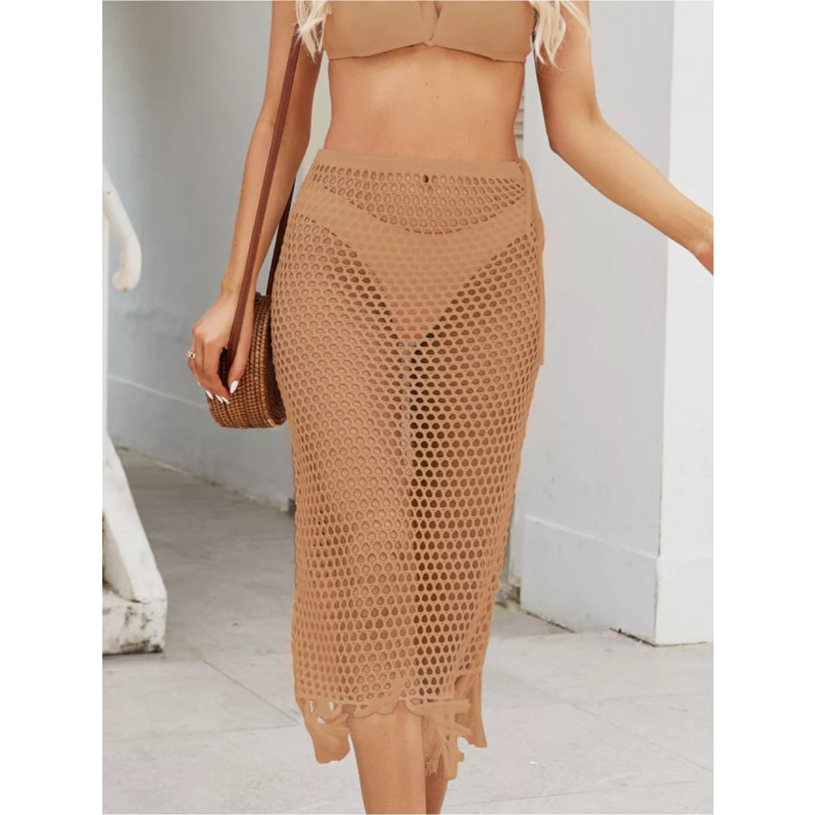 Sheer Crochet Knit Swim Cover-Up Skirt with Fringe Caramel / S Apparel and Accessories