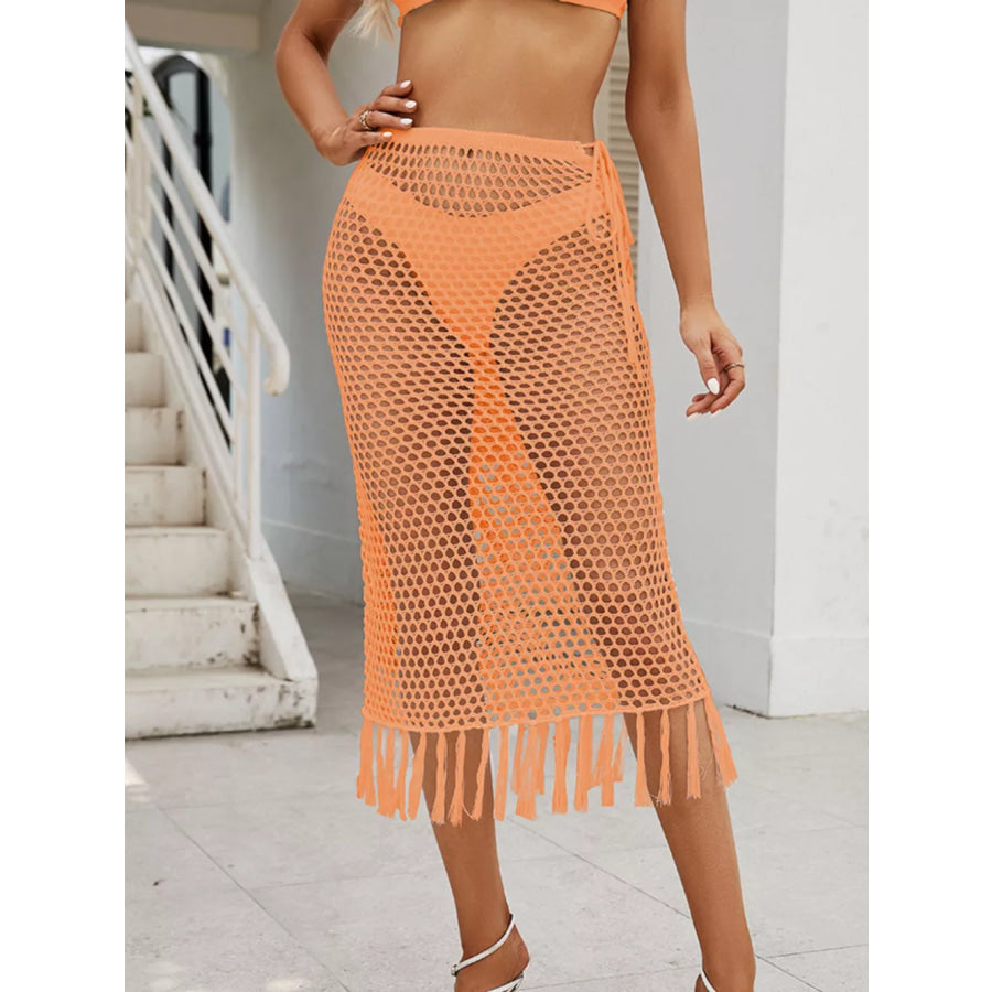 Sheer Crochet Knit Swim Cover-Up Skirt with Fringe Sherbet / S Apparel and Accessories