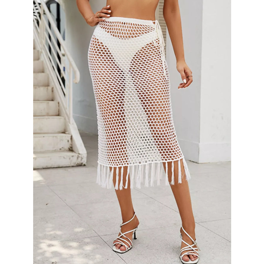 Sheer Crochet Knit Swim Cover-Up Skirt with Fringe White / S Apparel and Accessories