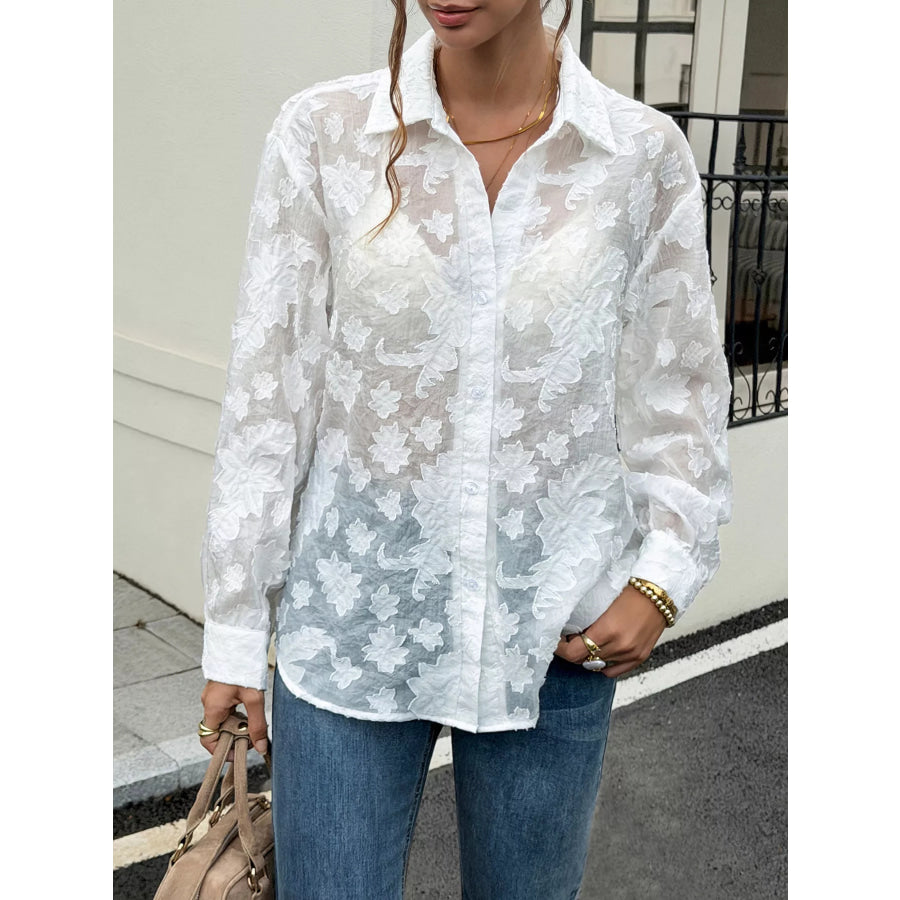 Sheer Floral Button Up Shirt White / S Apparel and Accessories