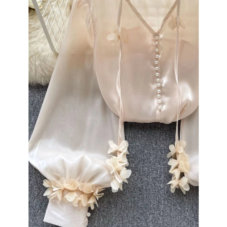 Sheer Floral Embellished Shirt Apricot / One Size Apparel and Accessories