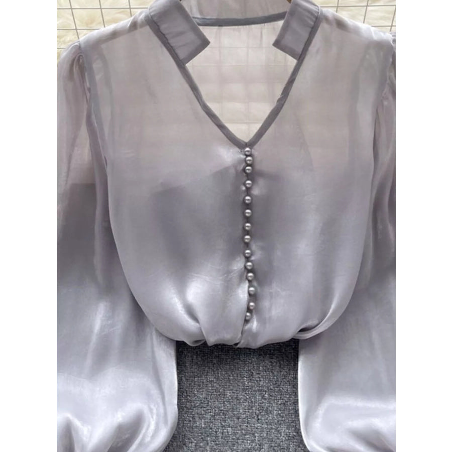 Sheer Floral Embellished Shirt Gray / One Size Apparel and Accessories
