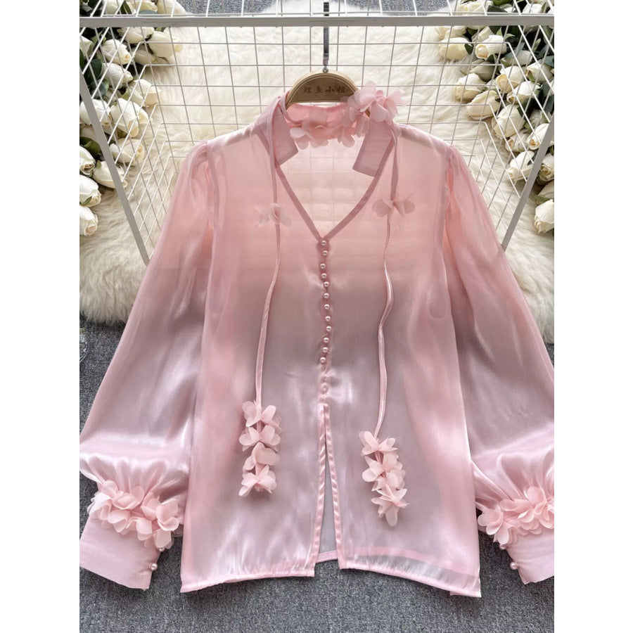 Sheer Floral Embellished Shirt Pink / One Size Apparel and Accessories