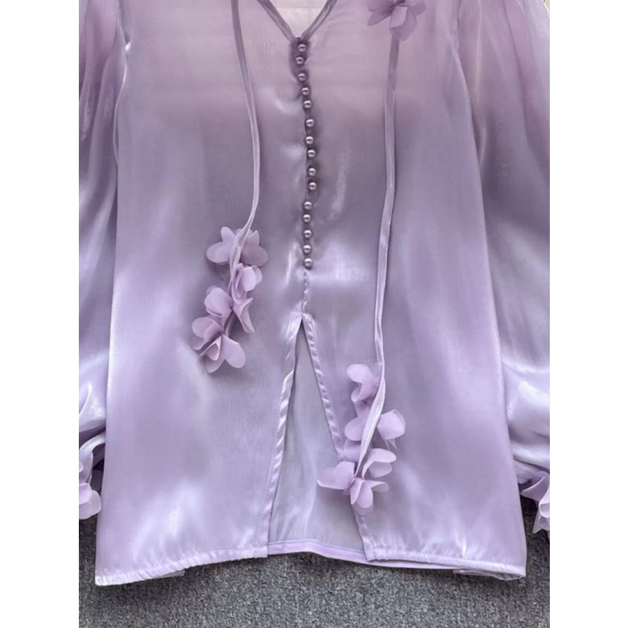 Sheer Floral Embellished Shirt Purple / One Size Apparel and Accessories