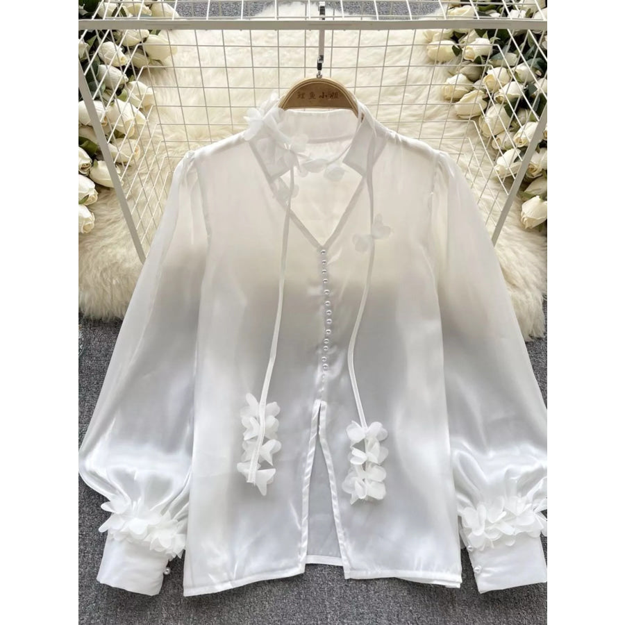 Sheer Floral Embellished Shirt White / One Size Apparel and Accessories