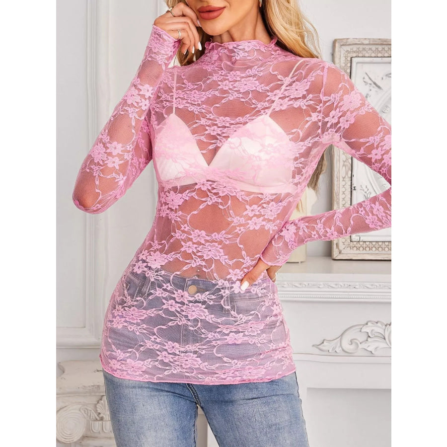 Sheer Floral Lace Long Sleeve Top Apparel and Accessories