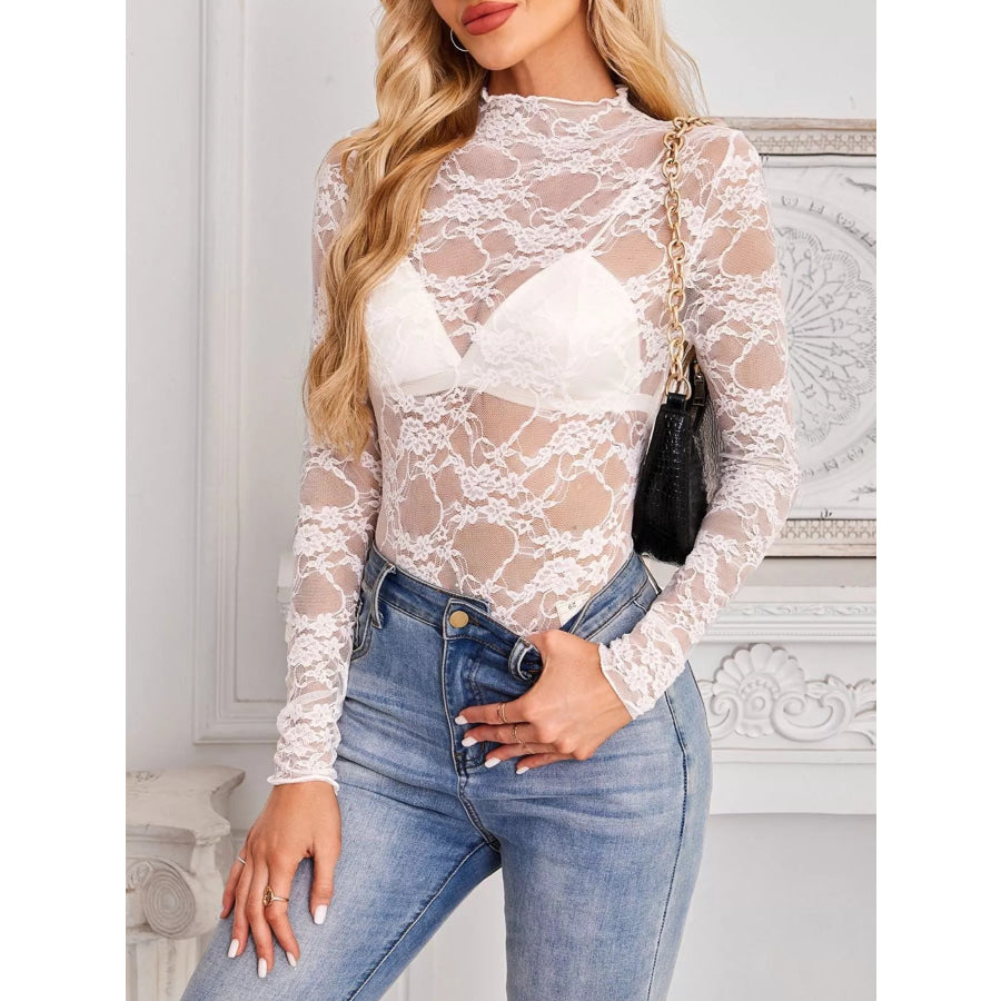 Sheer Floral Lace Long Sleeve Top Apparel and Accessories