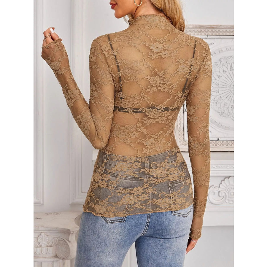 Sheer Floral Lace Long Sleeve Top Apparel and Accessories