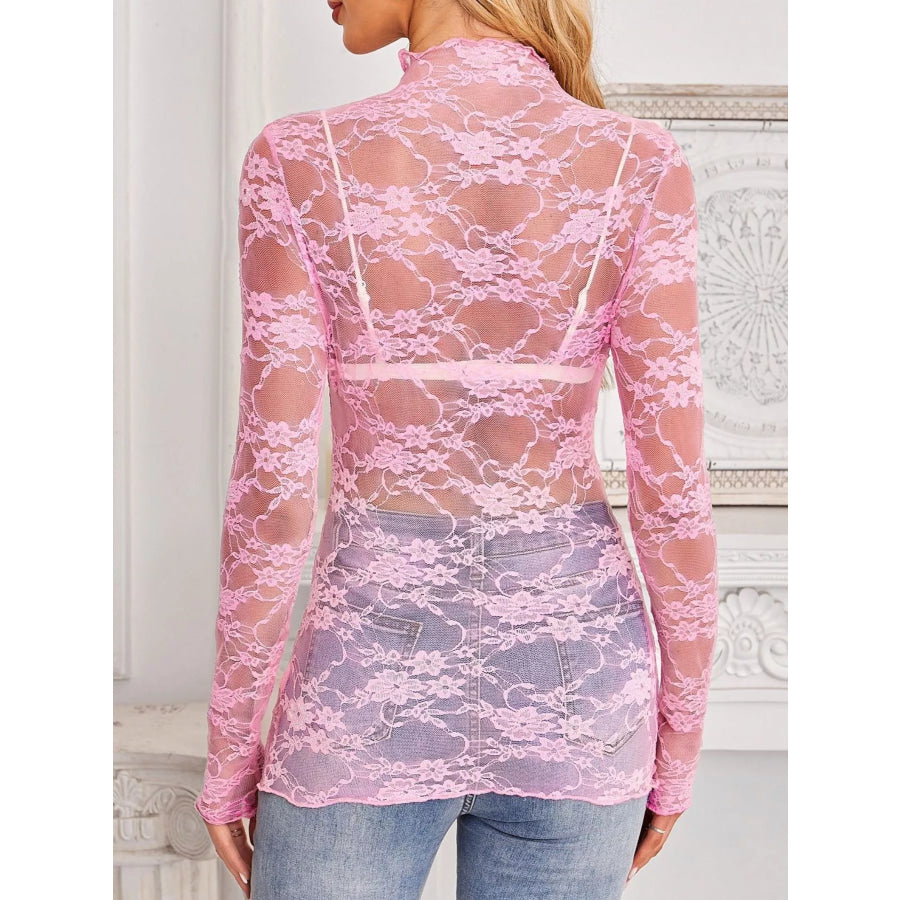 Sheer Floral Lace Long Sleeve Top Apparel and Accessories