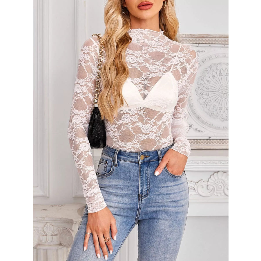 Sheer Floral Lace Long Sleeve Top Apparel and Accessories