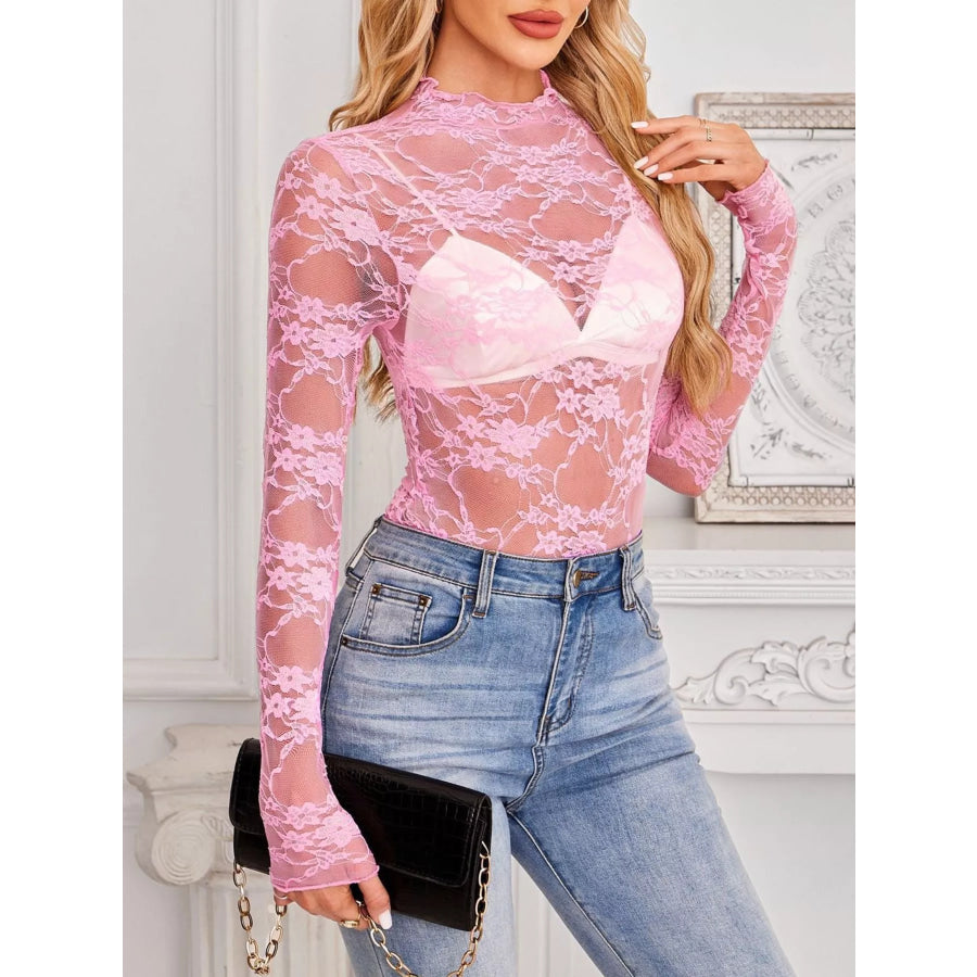 Sheer Floral Lace Long Sleeve Top Apparel and Accessories