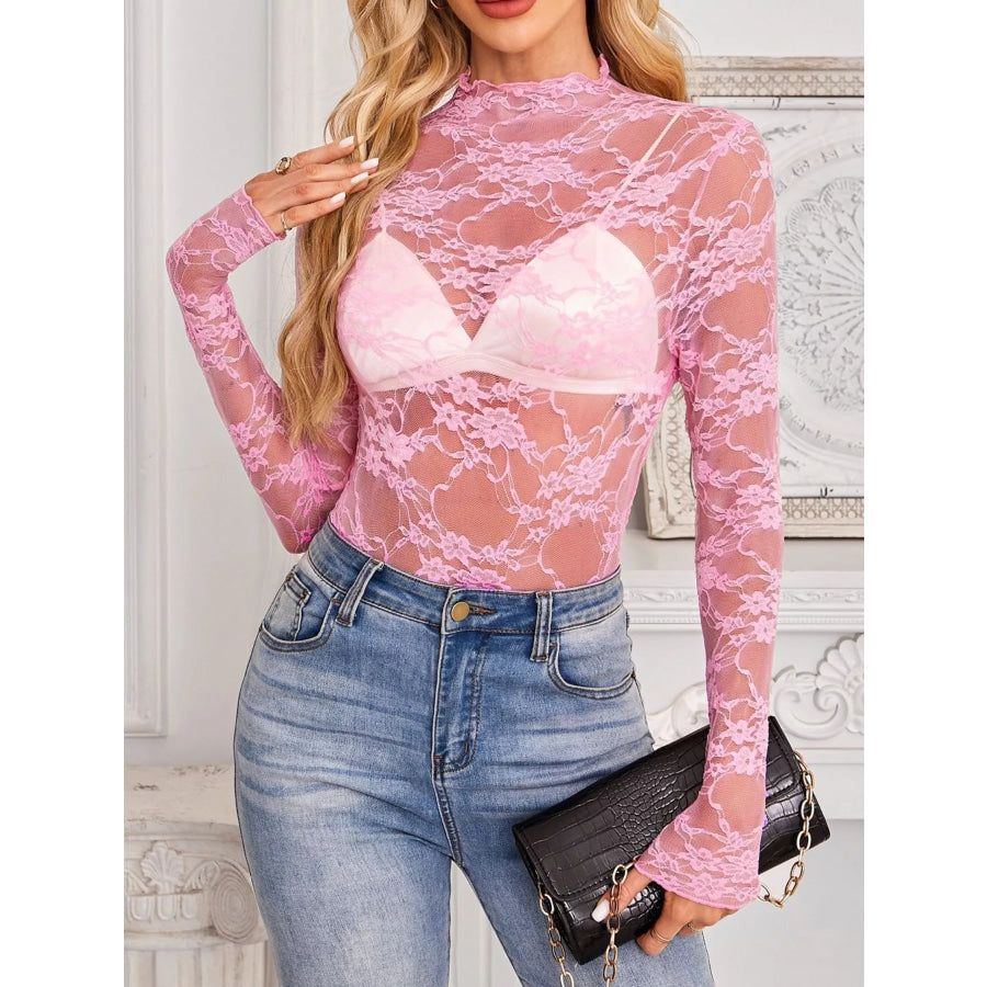 Sheer Floral Lace Long Sleeve Top Apparel and Accessories