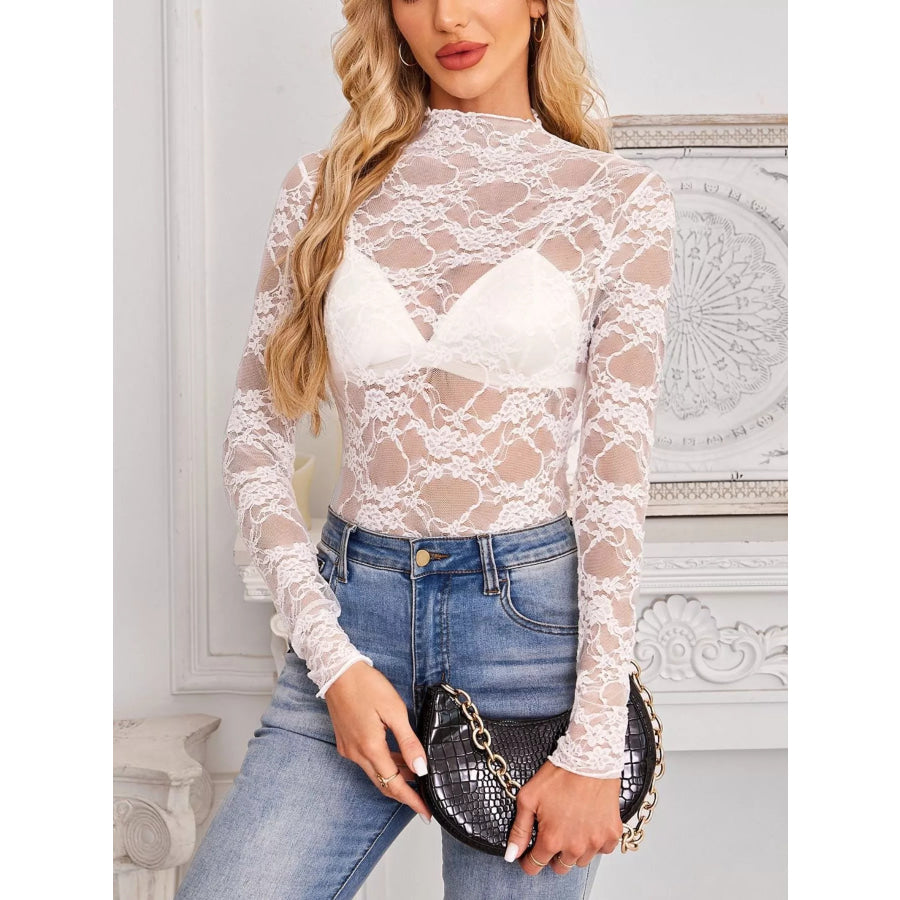Sheer Floral Lace Long Sleeve Top Apparel and Accessories