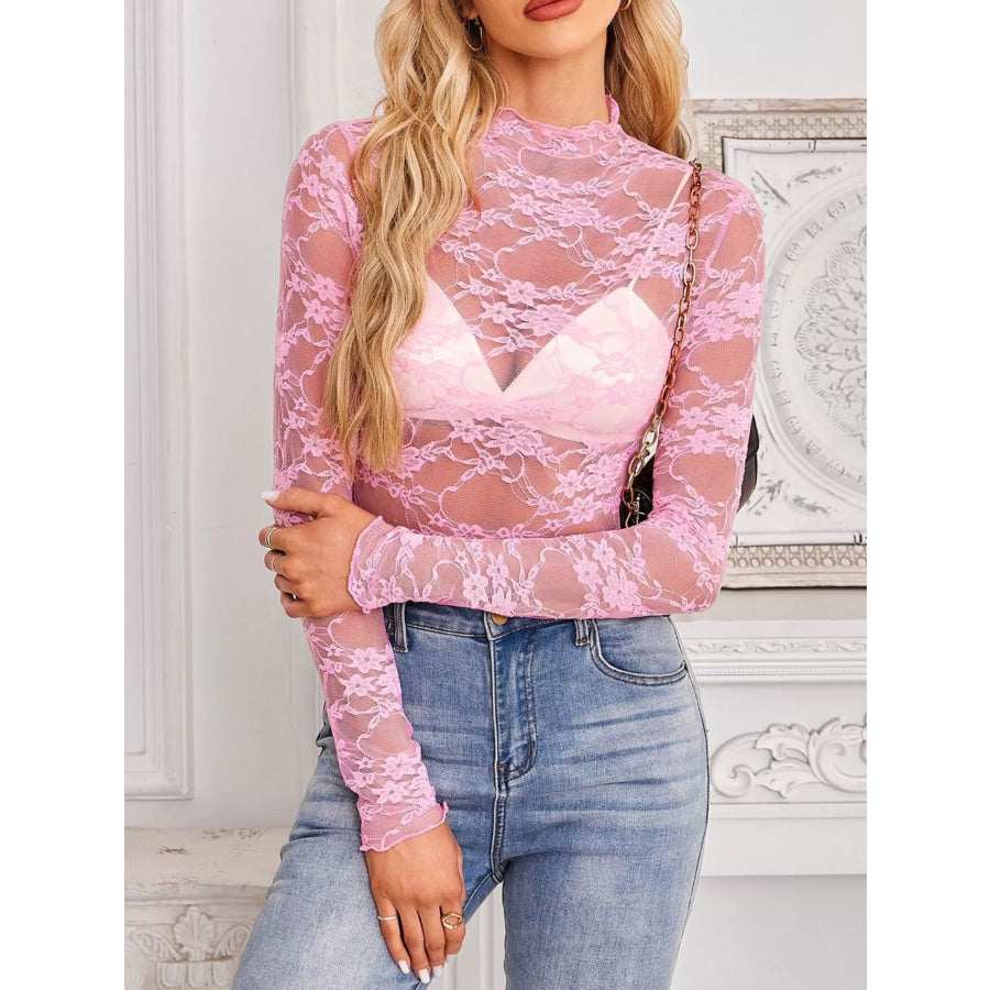 Sheer Floral Lace Long Sleeve Top Apparel and Accessories