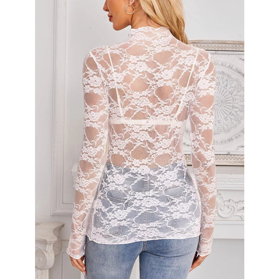 Sheer Floral Lace Long Sleeve Top Apparel and Accessories