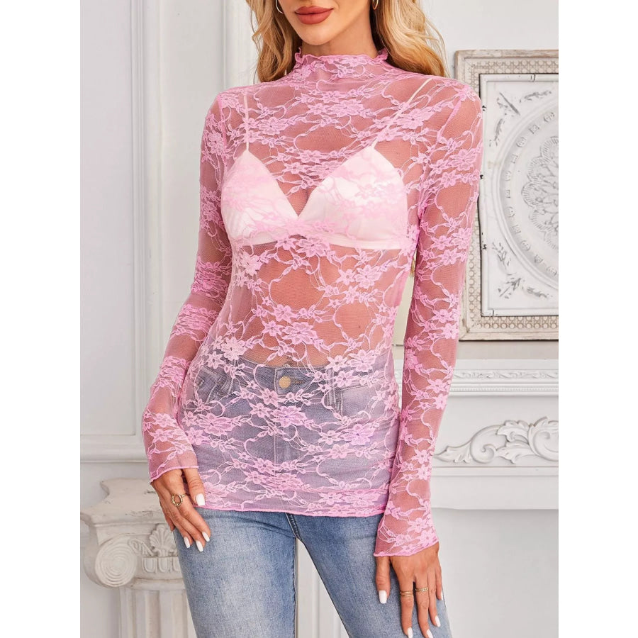 Sheer Floral Lace Long Sleeve Top Apparel and Accessories