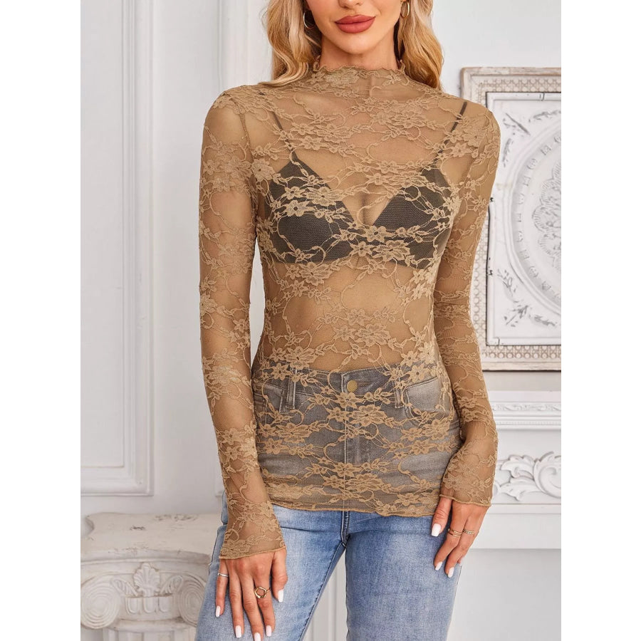 Sheer Floral Lace Long Sleeve Top Apparel and Accessories