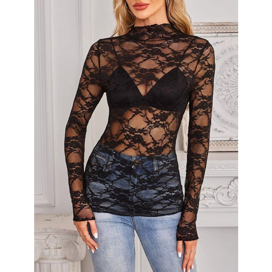 Sheer Floral Lace Long Sleeve Top Apparel and Accessories