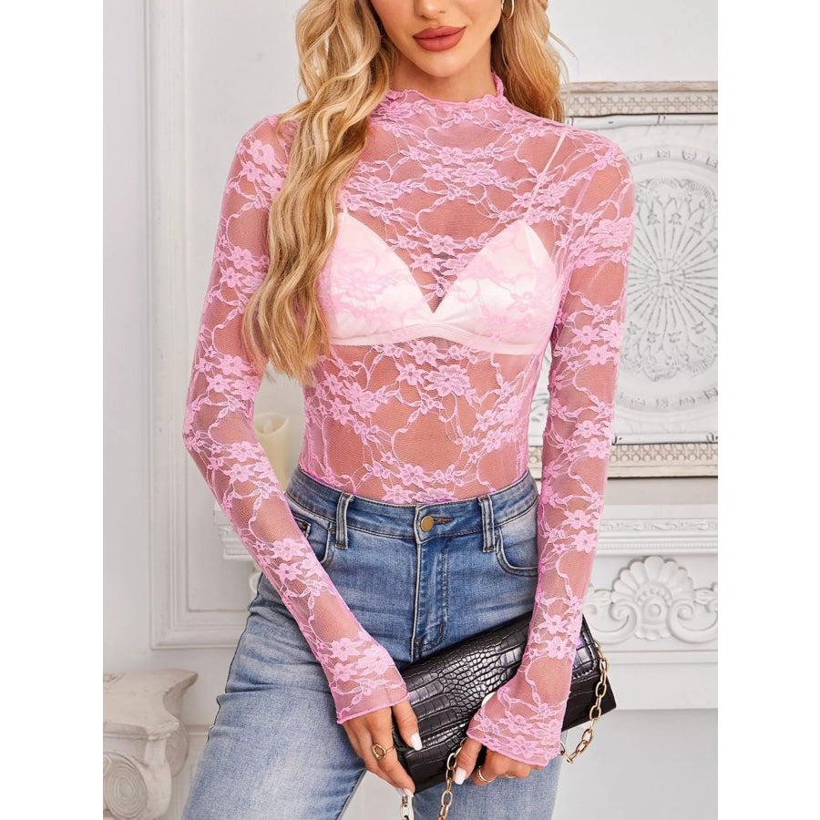 Sheer Floral Lace Long Sleeve Top Apparel and Accessories
