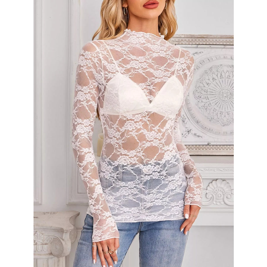 Sheer Floral Lace Long Sleeve Top Apparel and Accessories
