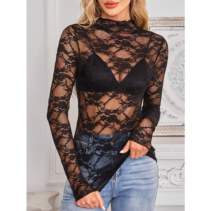 Sheer Floral Lace Long Sleeve Top Black / S Apparel and Accessories