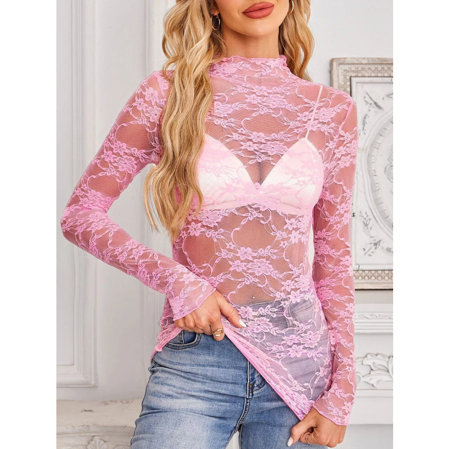 Sheer Floral Lace Long Sleeve Top Pink / S Apparel and Accessories
