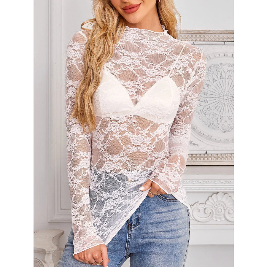 Sheer Floral Lace Long Sleeve Top White / S Apparel and Accessories