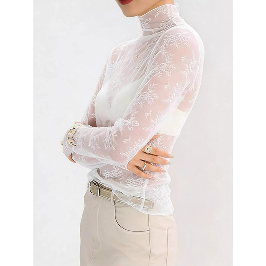 Sheer Floral Lace Mock Neck Long Sleeve Blouse Apparel and Accessories