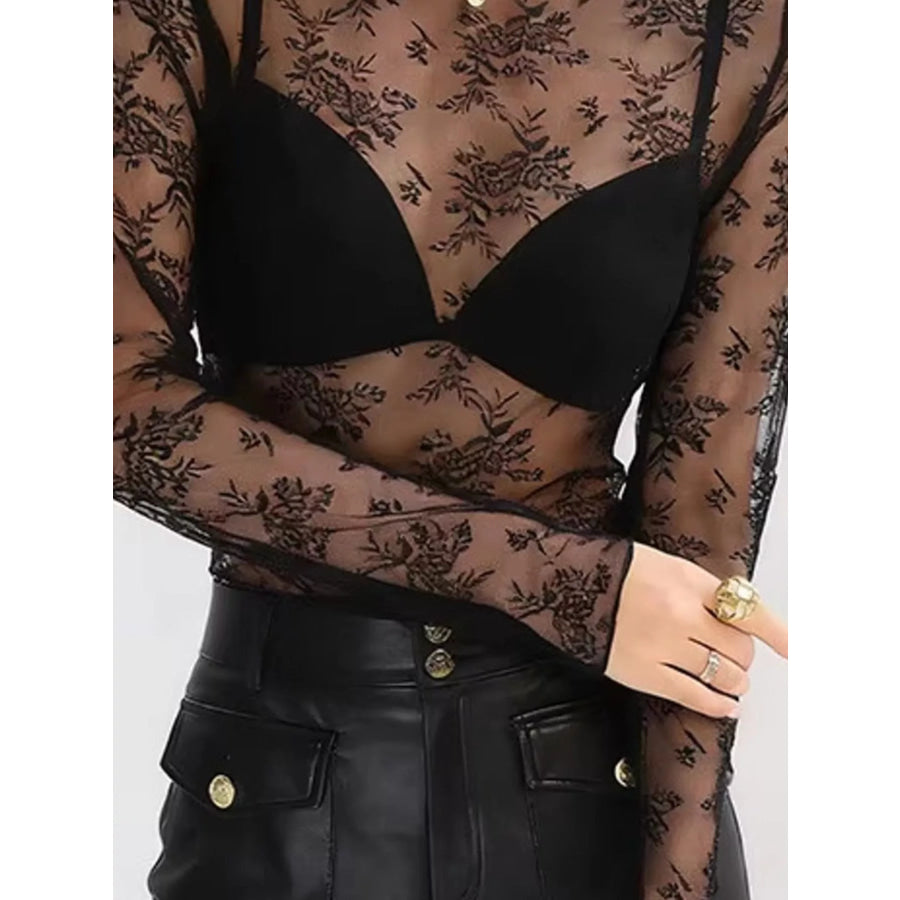 Sheer Floral Lace Mock Neck Long Sleeve Blouse Apparel and Accessories