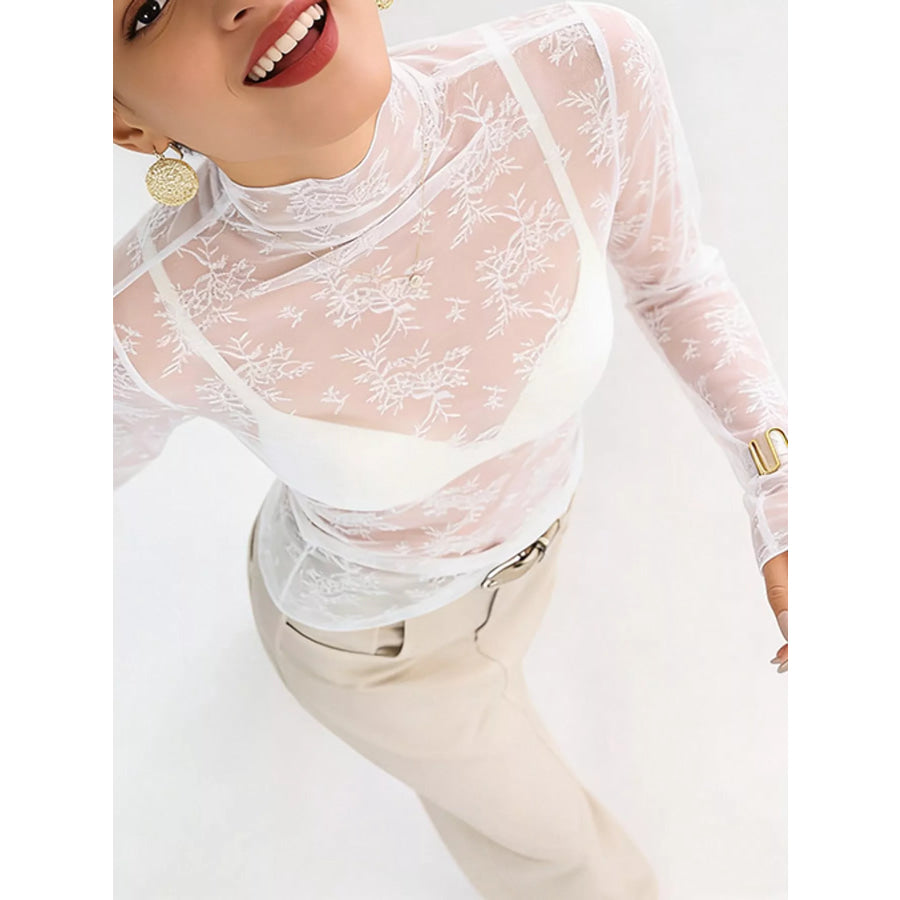 Sheer Floral Lace Mock Neck Long Sleeve Blouse Apparel and Accessories