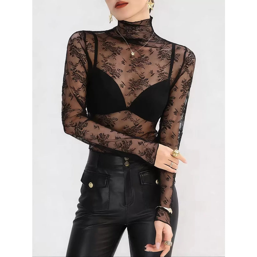 Sheer Floral Lace Mock Neck Long Sleeve Blouse Black / M Apparel and Accessories