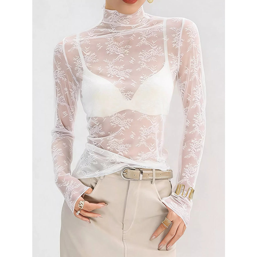 Sheer Floral Lace Mock Neck Long Sleeve Blouse White / M Apparel and Accessories