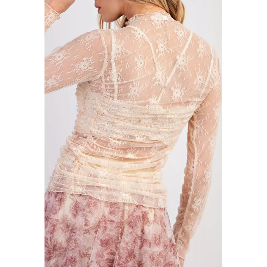 Sheer Floral Mesh Ruched Long Sleeve Top Apparel and Accessories