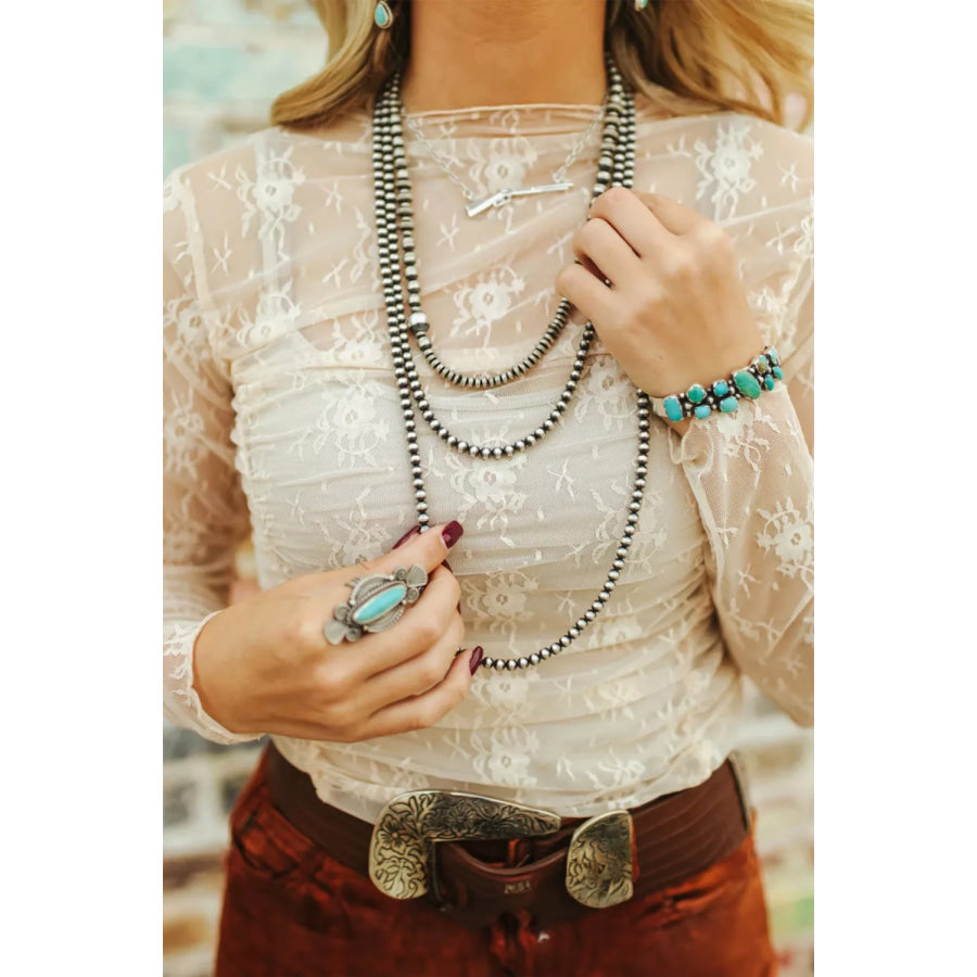 Sheer Floral Mesh Ruched Long Sleeve Top Apparel and Accessories