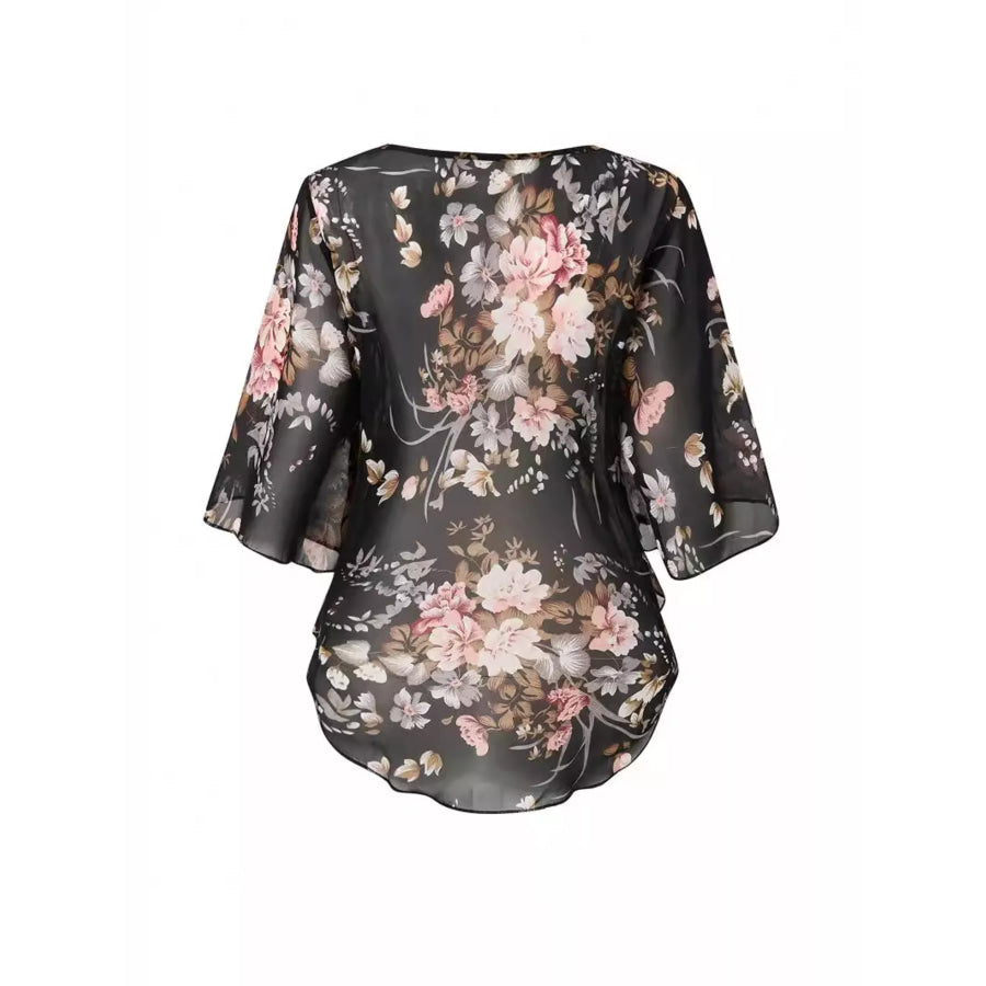 Sheer Floral Print Blouse with Flutter Sleeves Apparel and Accessories