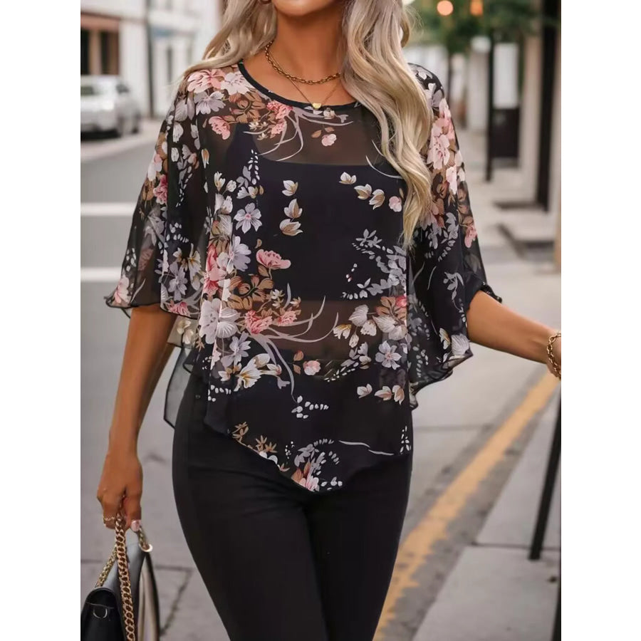 Sheer Floral Print Blouse with Flutter Sleeves Black / S Apparel and Accessories