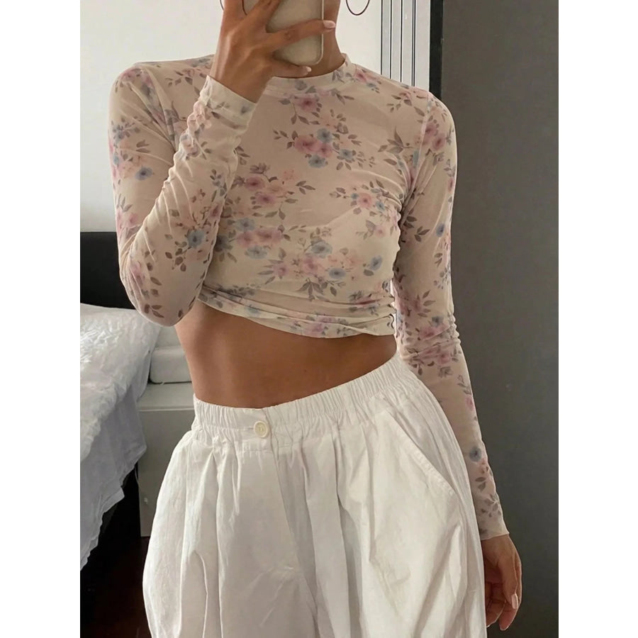 Sheer Floral Print Long Sleeve T-Shirt Apparel and Accessories