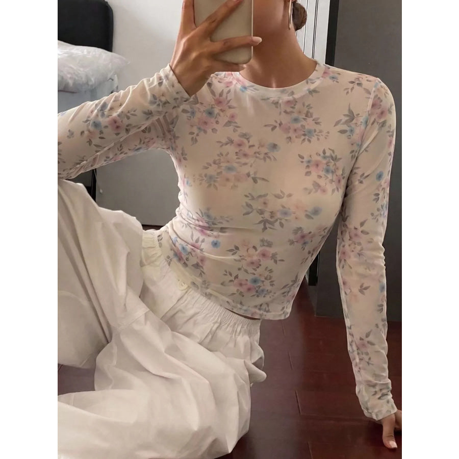 Sheer Floral Print Long Sleeve T-Shirt Apparel and Accessories
