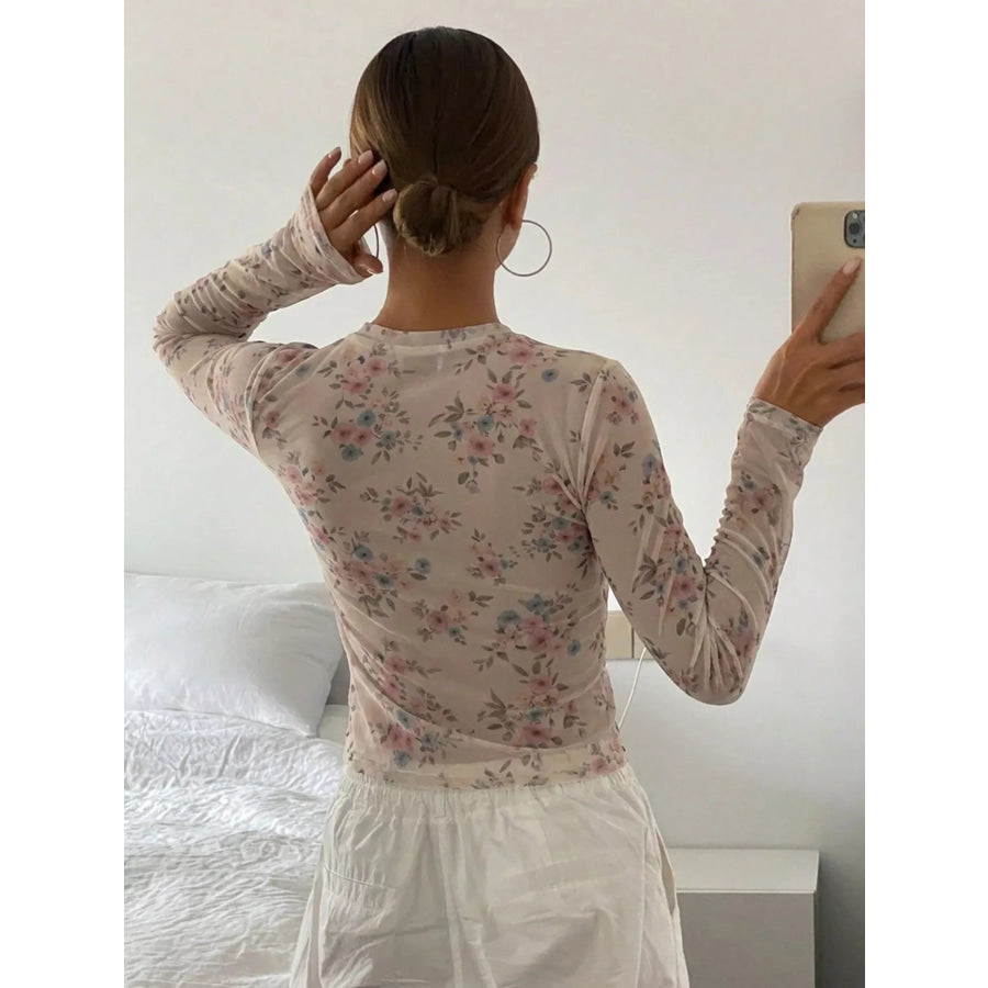 Sheer Floral Print Long Sleeve T-Shirt Apparel and Accessories