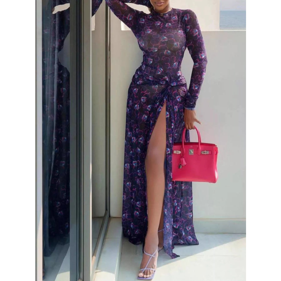 Sheer Floral Print Maxi Dress with High Slit Apparel and Accessories