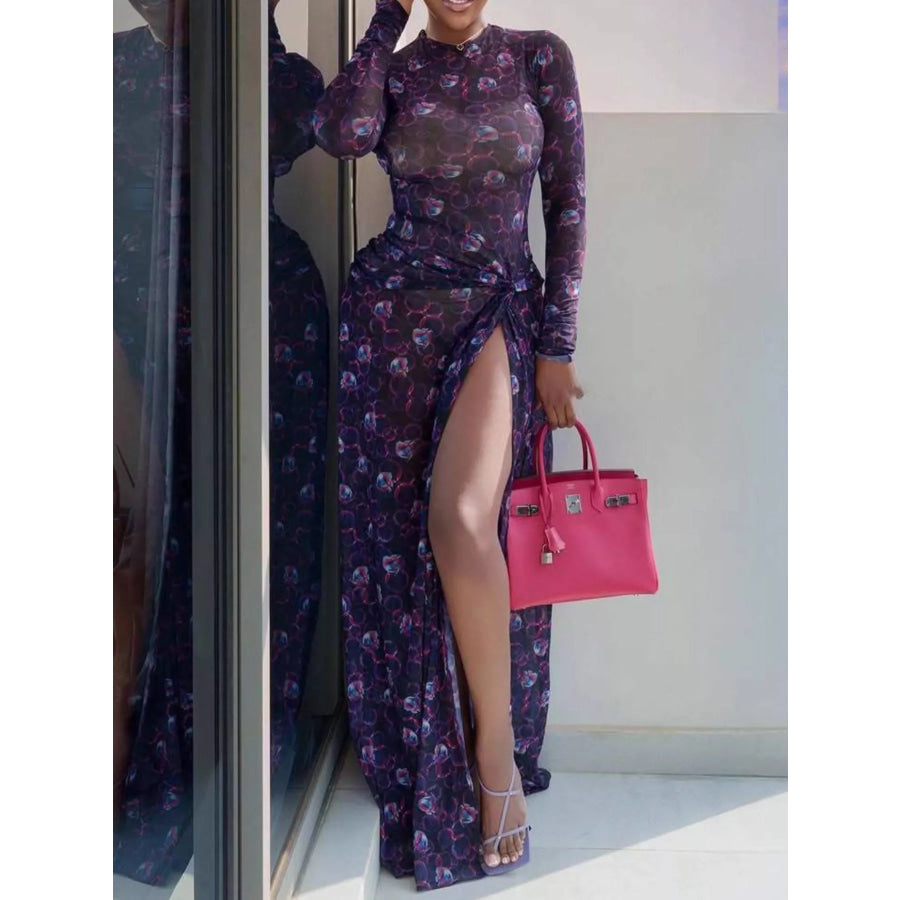 Sheer Floral Print Maxi Dress with High Slit Apparel and Accessories