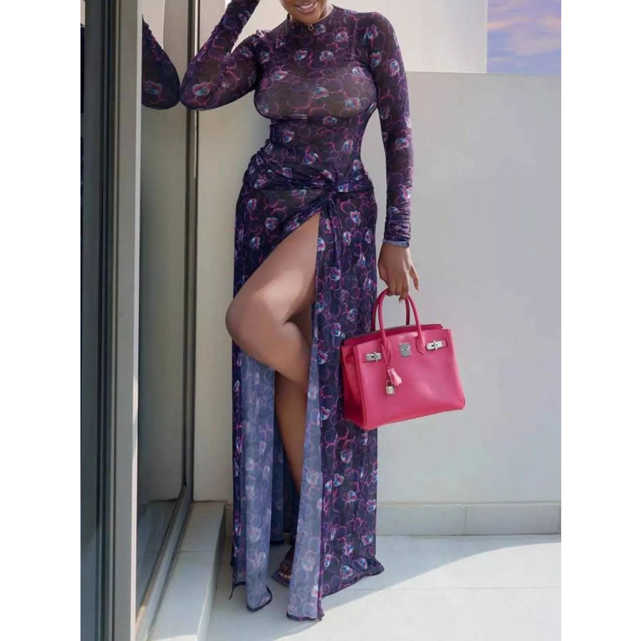 Sheer Floral Print Maxi Dress with High Slit Dark Purple / S Apparel and Accessories