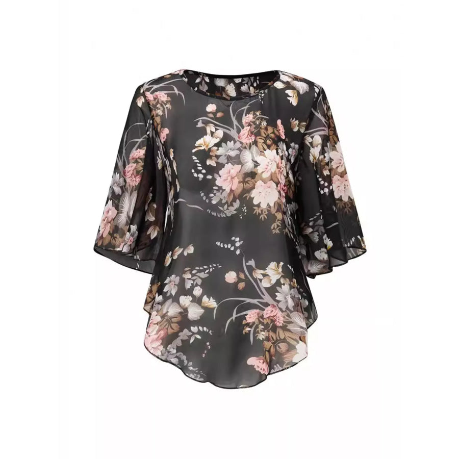Sheer Floral Print Round Neck Blouse Apparel and Accessories
