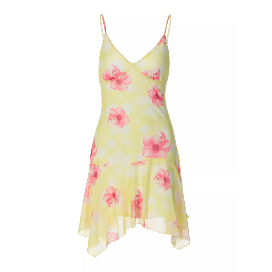 Sheer Floral Print Sleeveless Asymmetrical Mini Dress Apparel and Accessories